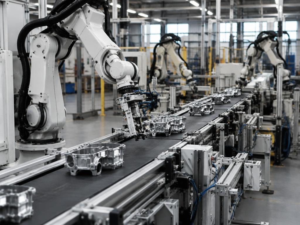 Linha de produção com esteira e robôs industriais